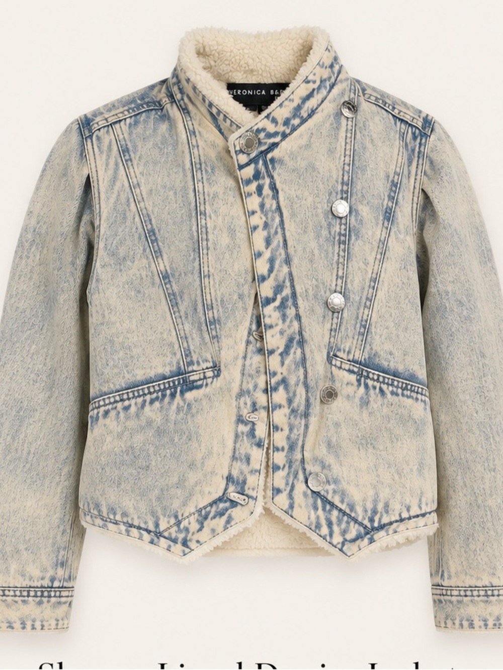 Veronica Beard Cream Acid-Wash Denim Sherpa-Trim Jacket